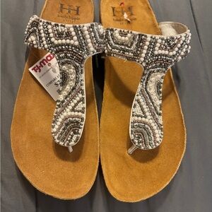Haute Hippie Beaded Sandals - Black, White, and Tan